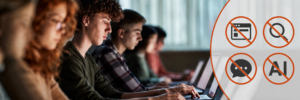 High school students taking online tests with browser, search, messaging, and AI tools blocked.